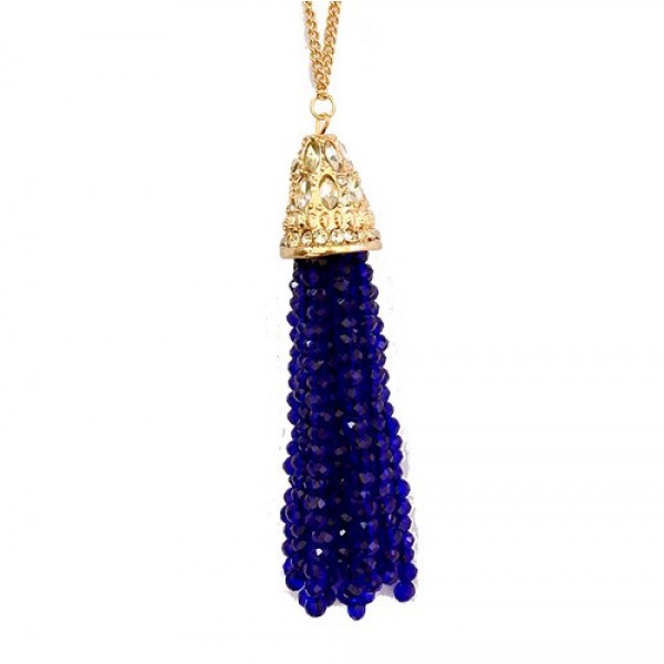 Cobalt Blue Glass Faceted Beaded Tassel Long Necklace